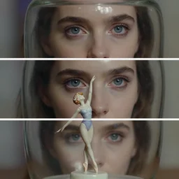 beautiful three point perspective film still of holly herndon in merce cunningham, extreme closeup portrait in style of frontiers in blade runner miniature photography fashion architectural art studio seinen manga edition, real - life porcelain statue in victorian glass jar, eye contact, anatomically correct, pointe pose, tilt shift background, soft lighting, kodak portra 4 0 0, 8 k, macro, cinematic style by emmanuel lubezki