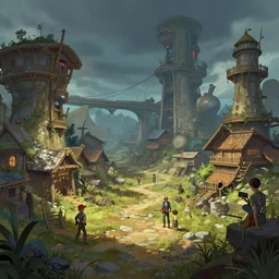 photo environement post futurist village : 4, 4 k rtx hdr volume light concept studio matte painting environement digital illustration style art that looks like it is from borderlands and by feng zhu and loish and laurie greasley, victo ngai, andreas rocha, john harris by jesper ejsing, by rhads, makoto shinkai and lois van baarle