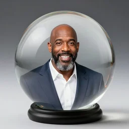 a product photo of a transparent glass sphere designed to contain Steve Harvey