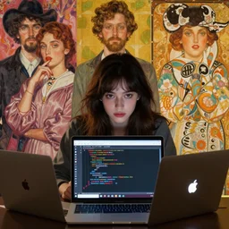 a nice girl that codes google adds in front of a apple laptop, cinematic and dramatic, 8 k, crisp lines, sharp edges, vibrant colors by artgerm, cushart krenz, greg rutkowski, mucha and norman rockwell