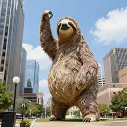 a 100 meter tall sloth attacking downtown Dallas, matte painting, realistic ,