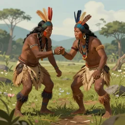 two indigenous people working together, fantasy art