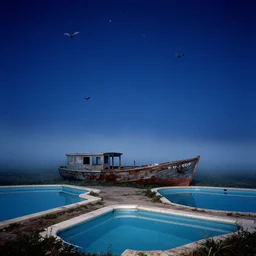 night sky with stars, bats, old boat, vintage swimming pools, lush fog, deep blue mood, contemporary archival color photograph print from the original negative, by stanley kubrick