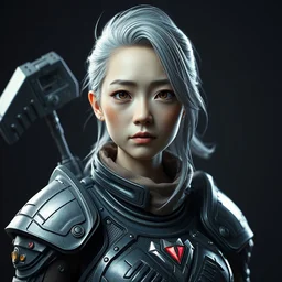 portrait anime android tiny old woman asian with a mjolnir powered assault armor, style artstation, style greg rutkowsk, octane render, unreal engine 6, epic game graphics, fantasy, ciberpunk, conceptual art, ray tracing