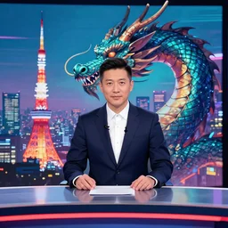 news anchor with head of a dragon. gui. tokyo can be seen in the distance. art in the style of vincent di fate's cyberpunk 2 0 2 0.