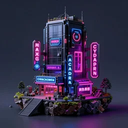 building by ralph mcquarrie, darkacademia cyberpunk neon signs architecture island uv light fantasy futuristic, archdaily, wallpaper, highly detailed, trending on artstation.