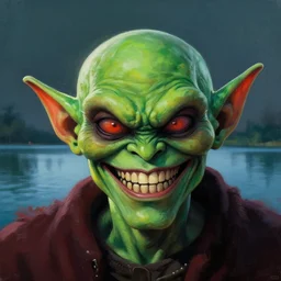 the green goblin closeup portrait, dramatic light, lake background, 2 0 0 mm focal length, painted by stanley lau, painted by greg rutkowski, painted by stanley artgerm, digital art, trending on artstation