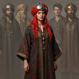 highly detailed full body character portrait turban helmet red head girl wide robes concept painting with detailed face by J. C. Leyendecker and Edmund Blair and Yuriy Mazurkin and Eppo Doeve, octane render, 8k, high quality, award winning masterpiece, HDR,