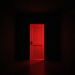 an all black room with a glowing red door on the far side, surreal,