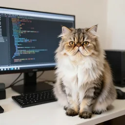 a Persian cat sitting on the desk and coding seriously