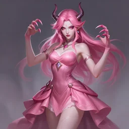 a highly detailed illustration of pink haired pale demon girl wearing pink dress wielding claws, dramatic claw pose, intricate, elegant, highly detailed, centered, digital painting, artstation, concept art, smooth, sharp focus, league of legends concept art, wlop.