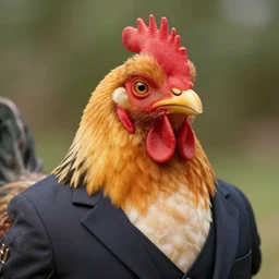 a closeup shot of an antropomorphic chicken wearing a suit, photorealistic