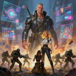 illustration of h. r. giger and liliia sitailo, artist paint in air colorful elements of bright sci - fi hologram elements, squad of soldiers ready for battle, dramatic, sharp focus, depth of field, highly detailed, artstation, digital art, volumetric light, dynamic, expression