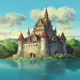 a painting of a castle in the middle of a body of water, a detailed matte painting by hayao miyazaki, cgsociety, fantasy art, anime aesthetic, official art, anime