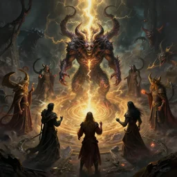 mages in circle summoning an evil beast. lighting, flux, demons, dramatic, horror. fantasy, digital painting, hd, highly detailed.