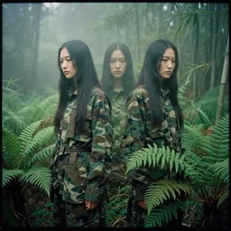 a female model with long black hair, emerging from a dense misty forest of fern plants and bamboo wearing camouflage by yohji yamamoto, in the style of daido moriyama, double exposure, camera obscura