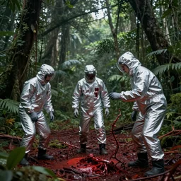 scientists in a silver suit exploring the blood fields in the jungle, award winning photograph, sci - fi, horror