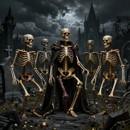 a group of skeleton with rotten flesh in a gothic cemetery, dark, night, stormy clouds, trending on artstation,subtle gold accents, beautifully lit, by zdzislaw beksinski, tsutomu nihei, peter mohrbacher, hyper detailed, insane, details, elegant, luxury, dramatic lighting, CGsociety, hypermaximalist,golden ratio, octane render, ray trace, 4k, epic