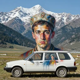 bukhanka car with a highly detailed portrait of nicholas roerich in the style of spray, in front of altai mountains