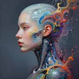 a beautifull futuristic biomechanical humanoid woman side portrait with pretty face in intricate detailed color smashing fluid oilpaint, melting wax, thin fractal tendrils, futuristic digital painting, cyberpunk, 8 k, hyper detailed, octane render, concept art, by peter mohrbacher, by wlop, by ruan jia,