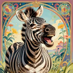 realistic laughing smiling, happy, open mouth zebra art by louis wain on a colorful, bright, ornate background in art nouveau style