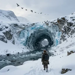 A majestic ice cave a river and mountains. A small group of birds is flying in the sky. Harsh winter. very windy. There is a man walking in a deep snow.Camera is positioned behind the man. Cinematic, very beautiful, painting in the style of Lord of the rings