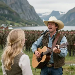 photo of an american cowboy with cowboy hat singing a song in front of thousand american soldiers south in norway with a blonde girlfriend, ultrarealistic, soft colors, 4 k
