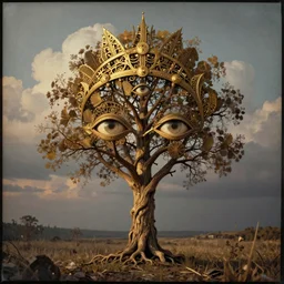 golden hour, 1 9 1 2 wwi, realistic tree made of! eyes, thick clouds behind, 3 5 mm, colorized tintype photo, dystopian environment, intricate, highly detailed, centered headdress, digital painting, artstation, concept, smooth, sharp focus, illustration, artgerm, beksinski