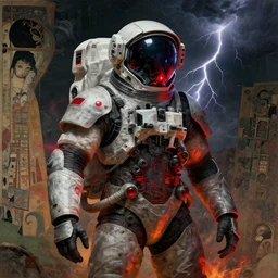 portrait of gothic and futuristic astronaut, cyberpunk armor, part of the body is glitching, thunderstorm, red lights, fire reflection, some redsymbols, the middle ages, highly detailed, artstation, in the style of moebius, jugendstil and classic japanese print, art by greg rutkowski and gustav klimt