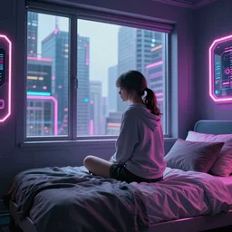 « inside a girl room, cyberpunk vibe, neon glowing lights, sharp focus, photorealistic, unreal engine 5, girl on the bed, window that shows the skyscrapers in the background »