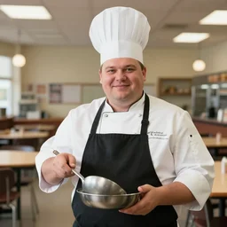portrait photo still of real life school chef jerome mcelroy fat with chef hat in school cafeteria holding a ladel, 8 k, 8 5 mm, f. 1 4