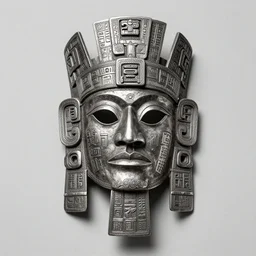 photo portrait  of precolumbian aztec shamanic metal face mask with fine detail engravings and runes cultist lord rich baron by Diane Arbus and Louis Daguerre
