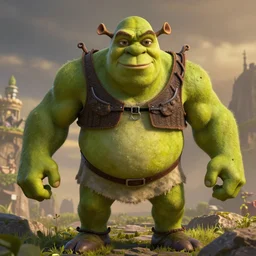 shrek as the hulk, wide shot, dramatic lighting, octane render, hyperrealistic, high quality, HD, cinematic