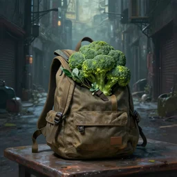 a backpack full of broccoli sits on a table in a dark alley, a painting of a dystopian future with a post - apocalyptic feel