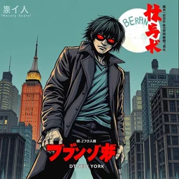 professionally drawn 9 0 s berserk mature cyberpunk horror detective action manga comic cover for the movie escape from new york, full color, beautifully drawn coherent professional, drawn by ilya kuvshinov, ilya kuvshinov, and hiromu arakawa and tsutomu nihei. japanese script on the cover. simplistic minimalist