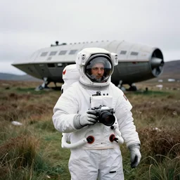 tourist astronaut in the Isle of Harris, Scotland, a spaceship in the background, 35 mm lens, Fuji Provia film, taken with a Hasselblad camera, photorealistic