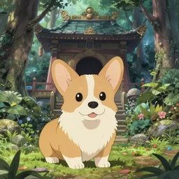 a corgi puppy in a mystical forest temple, anime by studio ghibli, miyazaki, scene from the movie spirited away, cute, calm, beautiful