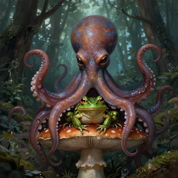 cthulhu octopus frog sitting on mushroom, full body shot, highly detailed, forest, digital painting, concept art, sharp focus, illustration, masterpiece, matte painting, glorious, unsettling, by lovecraft and greg rutkowski, luis royo and wayne barlowe, keith parkinson and greg rutkowski and tim hildebrandt, artstation