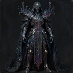 dark cyborg armour cloak entity made of intricate complex circuitry and microchips, iridescent, warrior assassin, black body, colorful, intricate linework, gothic baroque, intimidating humanoid, magical, realistic oil painting, artstation, rutkowski, wlop, chebokha, artgerm