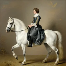 woman in 1 7 th century dress, on a white horse, by john collier