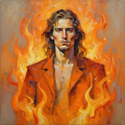 abstract painting of man made of flames, handsome. long hair. Stubble. by craig mullins, featured on artstation. Portrait. Soviet era pose. Stoic. Orange. Pain.