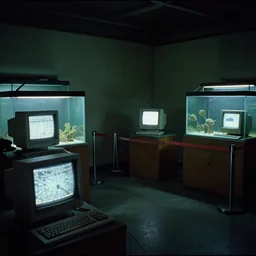 an abandoned creepy dried aquarium, museum exhibition, 1 9 8 0 s computers, computer monitors, illuminated displays of computer screensavers, crystal refraction of light, stanchions, photo taken on fujifilm superia film, 3 5 mm film, aquatic devices
