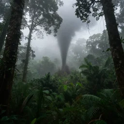 A tornado in the foggy jungle