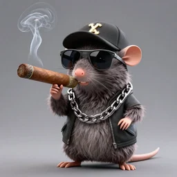 anthropomorphic gangster rat smoking a huge cigar, wearing a chain, wearing sunglasses and a cap, long fur,  anthropomorphic rat, detailed, 3d render, 4k, pixar