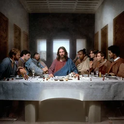 the last supper, long dinner table, a scene from the godfather movie, jesus wearing suit sitting in the middle next to marlon brando