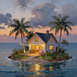 a very very small island! with a cute cozy large cottage!! on it and a paved patio!! with chairs and string lights!, palm trees, very late evening cloudy sunset, dramatic and dynamic lighting, thick brush strokes oil impasto painting