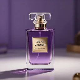 close up shot of premium perfume bottle containing purple liquid, the bottle is placed on a table, the bottle is in the middle of the scene ultra detail, commercial, designer product, cinematic lighting, hd artstation, symmetrical, rendered, 4k