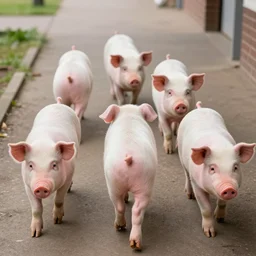 Six pigs walking backwards to school