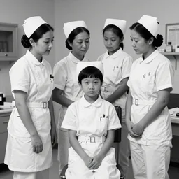 old lost footage in black and white of a family of nurses ,hyper realistic 8K HD real life photo