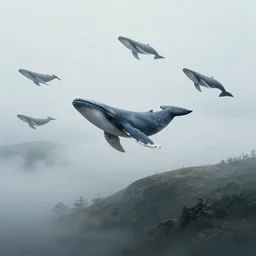 a foggy hill, many whales flying in the sky, illustration, realistic style